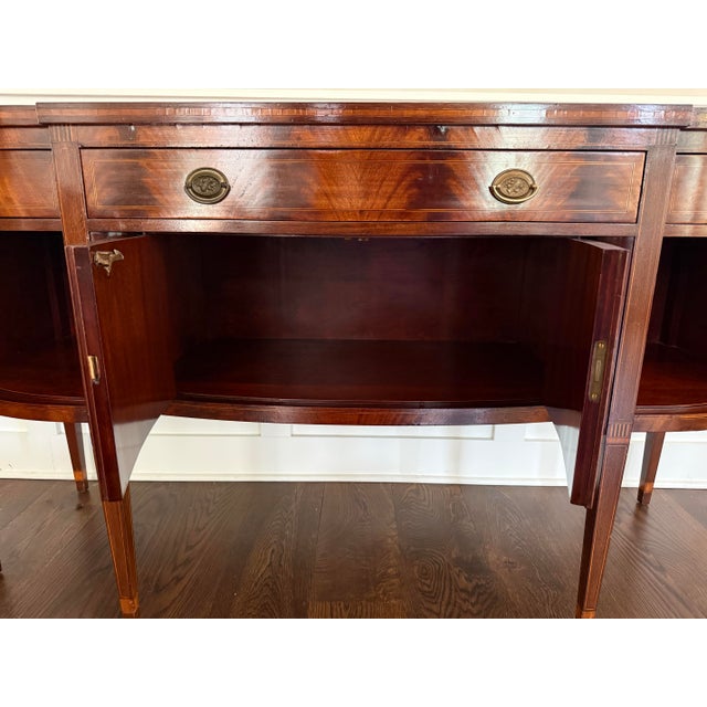 1900’s Antique English Hepplewhite Flame Mahogany Inlaid Sideboard Server Buffet For Sale - Image 4 of 9
