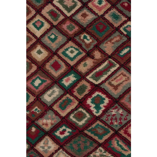 1950s 1960s Vintage Distressed Rug in Red & Green Geometric Pattern For Sale - Image 5 of 7