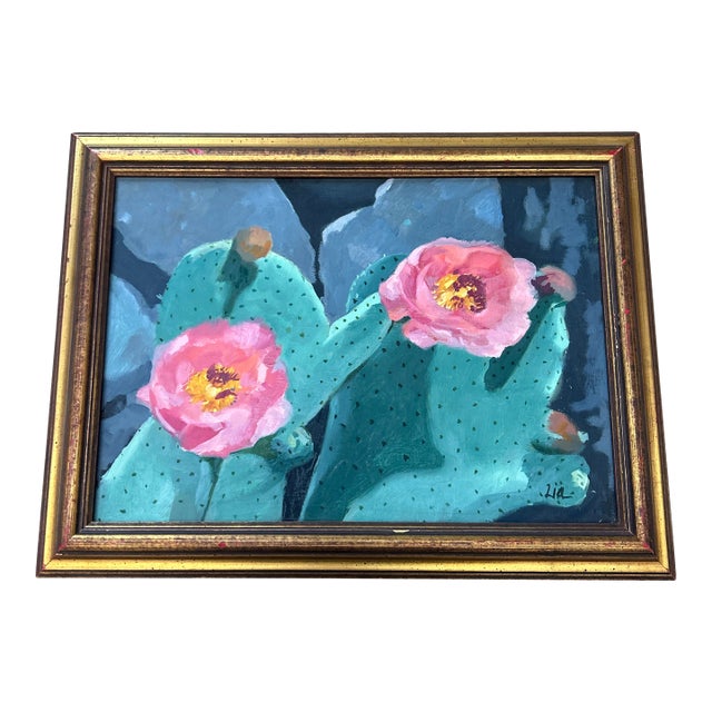 Contemporary Original Cactus in Bloom Still Life Painting For Sale