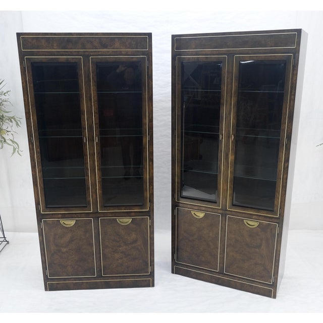 Pair of Dark Burl Wood Lighted Display Curio Cabinets Vitrines Mastercraft MINT