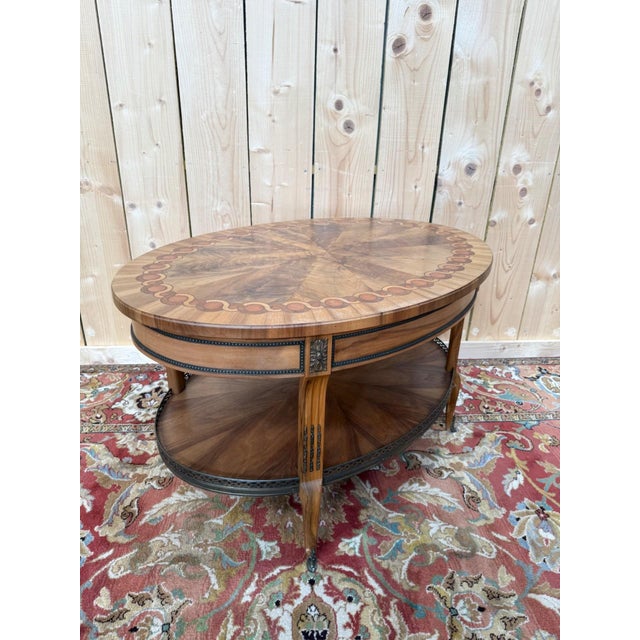 Oval Coffee Table in Marquetry and Brass Gallery with Bronze Feet, 1890s For Sale - Image 6 of 7