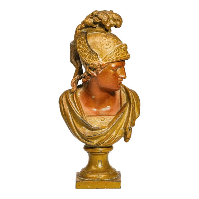 Cast Metal Painted Warrior Bust Antique Victorian Statue Sculpture Home Decor Grand Tour Style For Sale