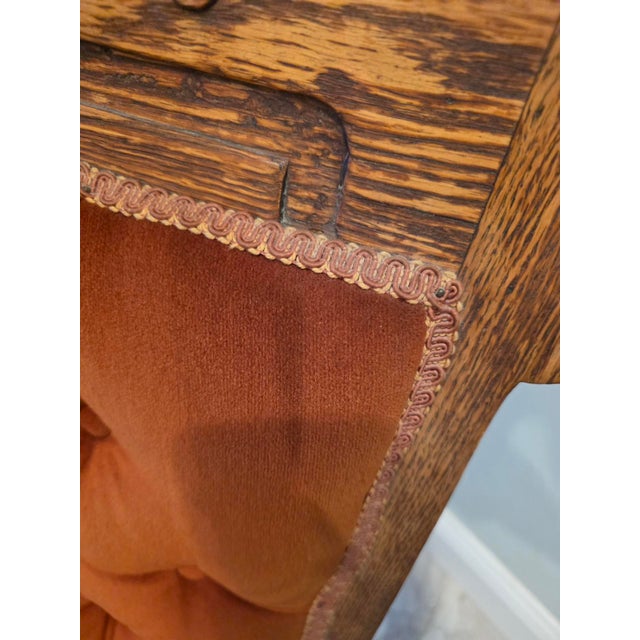 Wood Antique Late Victorian Quarter Sawn Oak Platform Rocker – Tufted Rust Velvet Accent Rocking Chair For Sale - Image 7 of 10
