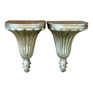 Vintage Regency Neoclassical Scalloped Edge Gilt Wood Decorative Wall Brackets by Maitland-Smith- a Pair