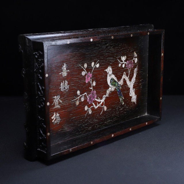 Chinese Zitan Wood Tray Inlaid With Mother-of-Pearl & Calligraphy For Sale - Image 3 of 10