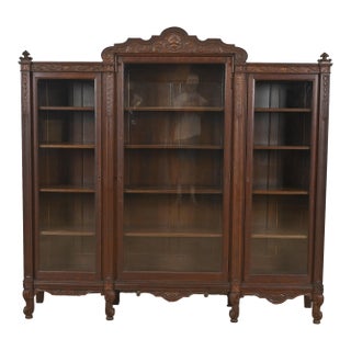 R. J. Horner Style Antique Victorian Carved Oak Triple Bookcase, Circa 1890s For Sale