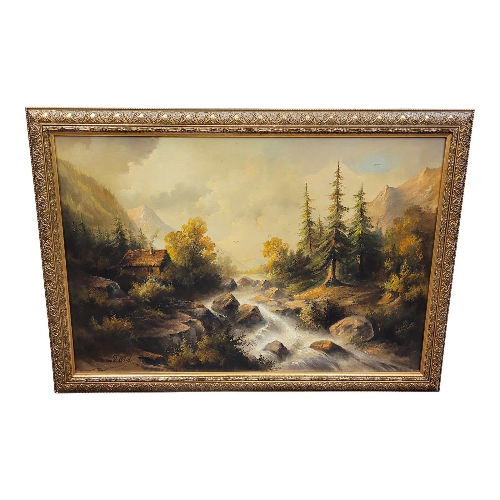 Beautiful Rich Tone Oil Painting of a Serene Mountain Cabin Chairish