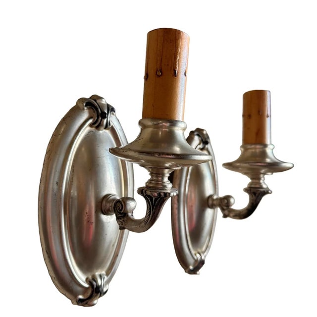 Traditional Pair Brass With Original Silver Plate Finish Wall Scones Circa 1930 For Sale - Image 3 of 8