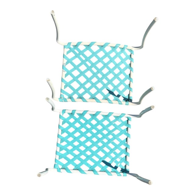 Turquoise Vintage Tropitone Turquoise and White Woven Strap Patio Chairs and Ottomans — Set of 4 For Sale - Image 8 of 12