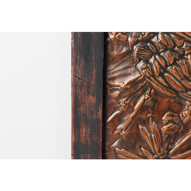 Copper Mid-Century Parrot Copper Repoussé Plaque in Rustic Wood Frame For Sale - Image 8 of 14