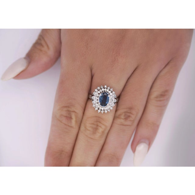Blue Vintage Platinum 1.18 Carat Oval Blue Sapphire & Diamond Halo Filigree Ring Size 6.5 For Sale - Image 8 of 8