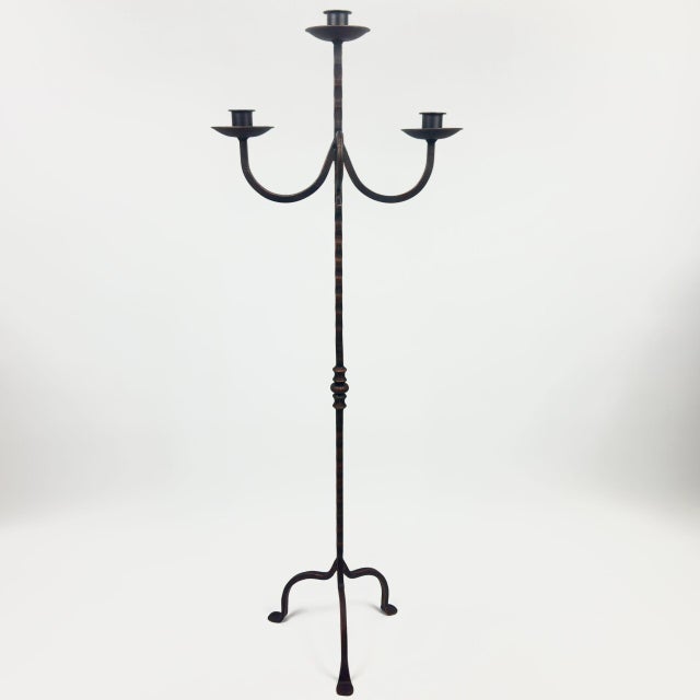 2020s Hand Forged Iron Floor Candelabra 48″ (122cm) Antique Copper Patina 3-Arm Loop Design Classic Candle Holder Rustic Decor For Sale - Image 5 of 7