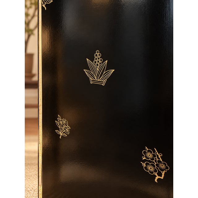 Black Vintage Chinese Chinoiserie Four-Panel Hand-Painted Black Lacquer Folding Screen For Sale - Image 8 of 14
