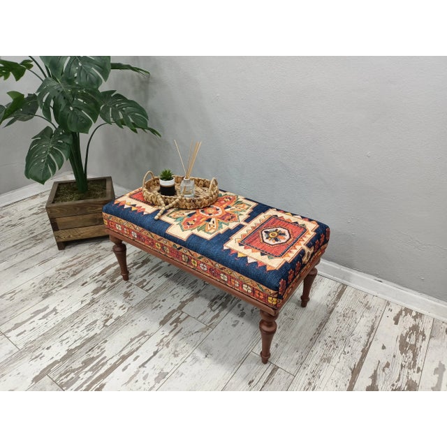 Ink Blue Ink Blue Printed Rug Fabric Upholstered Ottoman Bench For Sale - Image 8 of 10