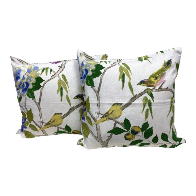 Pair of 22" Square Pillows With Bird & Floral Print - Made in Uk. For Sale