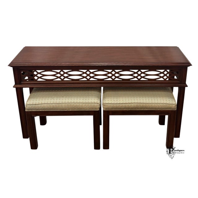 Vintage Chippendale Style Console Table and Pair of Upholstered Stools from the Virginia Galleries Collection by Henkel...