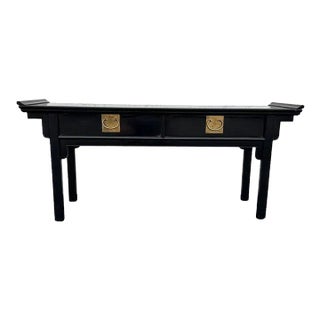Black Chinoiserie Console Table by Century Furniture With Brass Asian Style Hardware For Sale