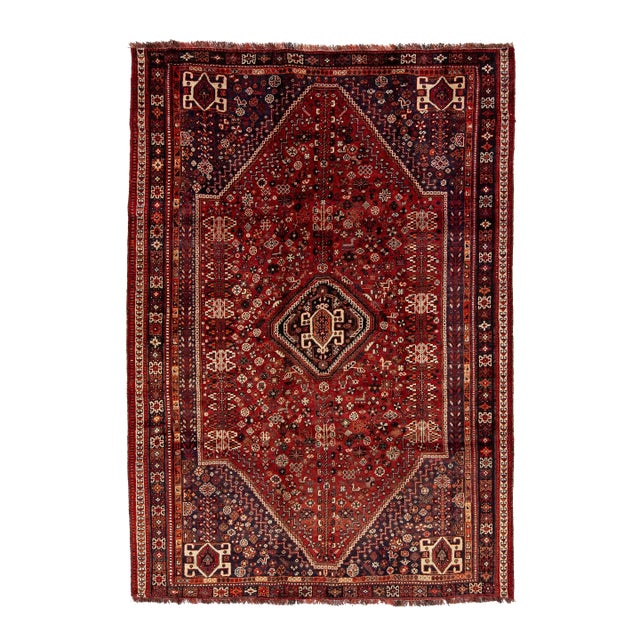 Allover Designed Persian Shiraz Room SIze Wool Rug in Red For Sale