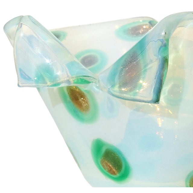 Murano Vintage Fratelli Toso Murano Opalescent White Green Aventurine Spots Italian Art Glass Cut Rim Bowl For Sale - Image 4 of 12
