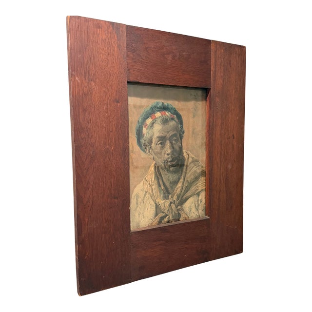 Henry Mosler - Original Portrait Painting - “Man in Striped Headwrap” - Gouache on Paper c.1890-1910 For Sale