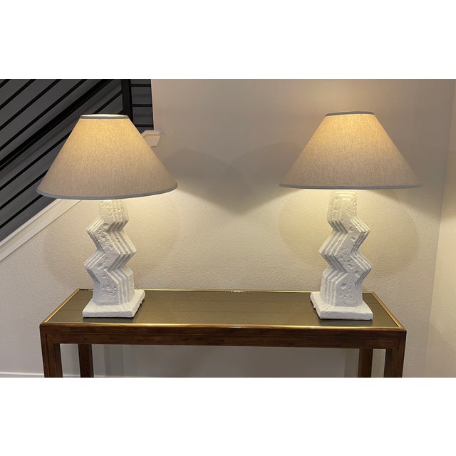 1980's Post Modern White Zig Zag Plaster Lamps by Ziggurat - A Pair For Sale - Image 9 of 12
