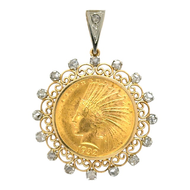 Vintage, 1932 United States of America $10 Gold Coin and Diamond Pendant For Sale