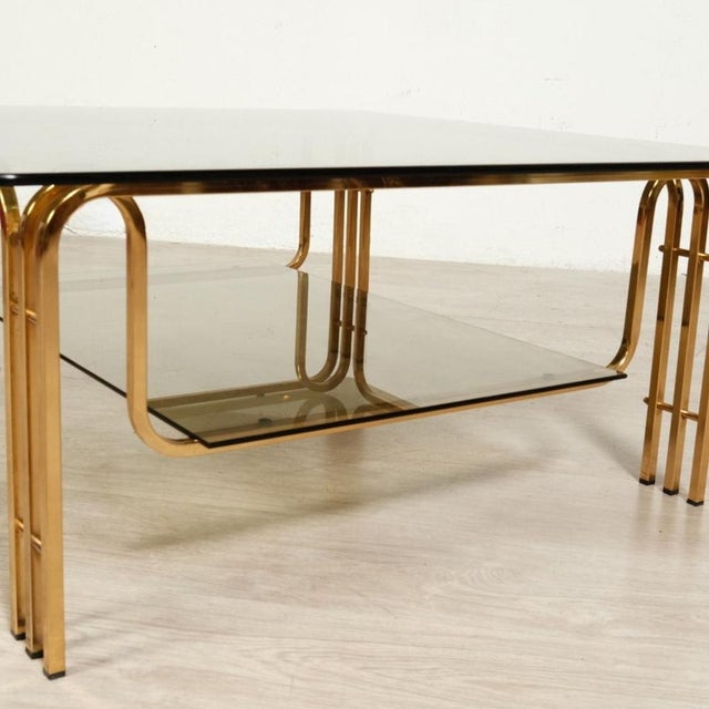 Coffee Table in Gold-Colored Metal & Smoked Glass, 1970s For Sale - Image 11 of 18