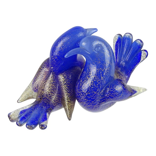 Vintage Seguso Murano Sapphire Cobalt Blue Gold Flecks Italian Art Glass Love Birds Figurine Paperweight For Sale