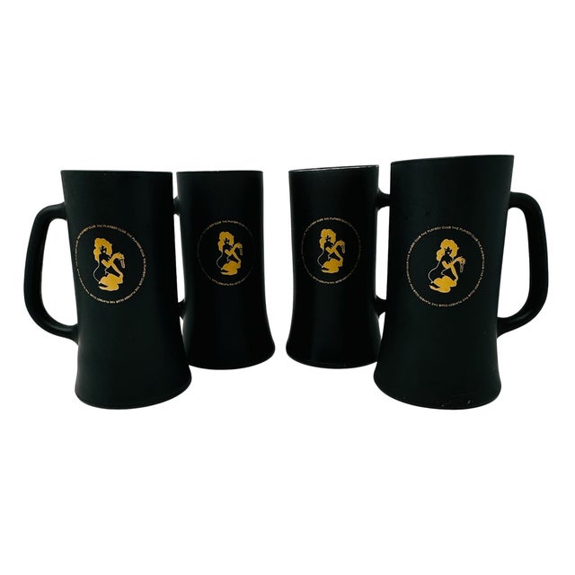 Mid-Century Modern 1960s the Playboy Club Matte Black & Gold Glass Beer Steins - Set of 4 For Sale - Image 3 of 14