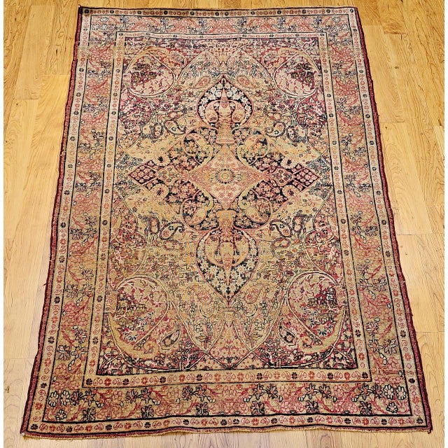 19th Century Persian Kerman Lavar Rug, Hand-Knotted Wool, Floral Pattern, Ivory & Red, 4x6 For Sale In Chicago - Image 6 of 15