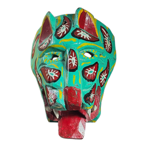 Vintage Folk Art Polychrome Hand Carved Turquoise Jaguar Guatemalan Mask