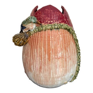 Vintage Majolica Bird Water Lily Vase Chinese Ceramic 10''h For Sale