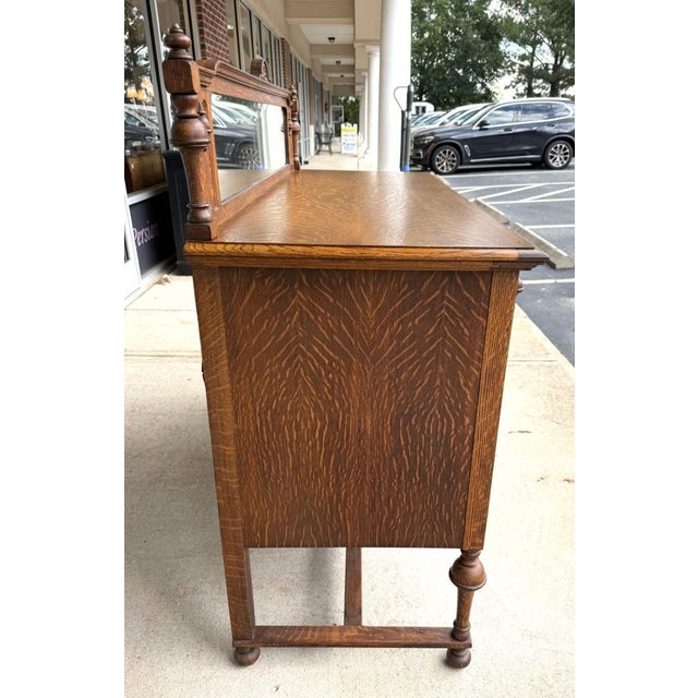 Wood Early 20th Century J.B. Van Sciver Co. Refinished Antique Oak Sideboard With Mirrored Gallery & Turned Legs For Sale - Image 7 of 13