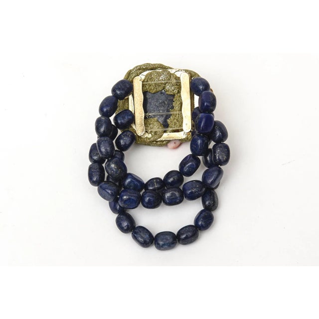 Navy Blue Vintage Custom Hand Wrought Lapis Lazuli, Coral, Citrine, Turquoise & Copper Gold Plated Medallion Cuff Bracelet For Sale - Image 8 of 8