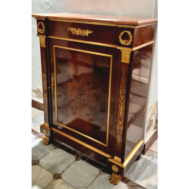 French French Louis XVI Style Commode – Marble Top, Fine Marquetry Inlay & Ornate Gilded Bronze Details For Sale - Image 3 of 3