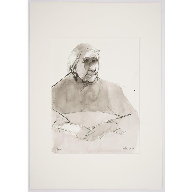 Ruth Schloss, Old Woman at the Table, 1990, Mixed Media Drawing on Paper For Sale - Image 4 of 5