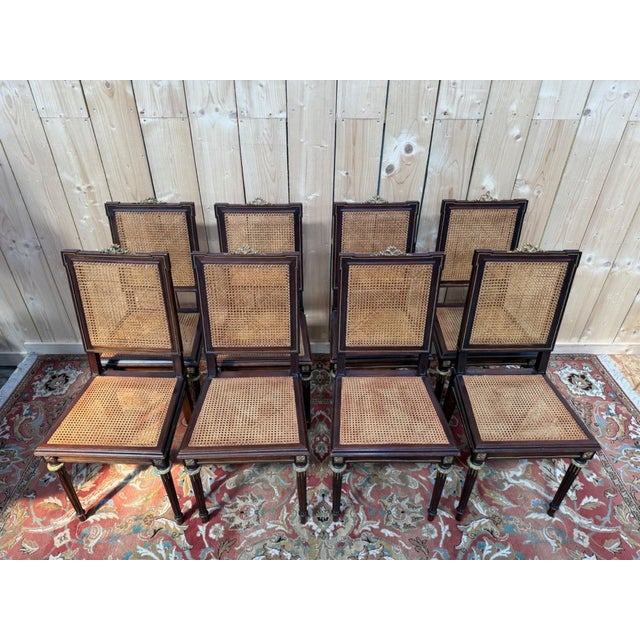 Antique Louis XVI Style Chairs in Mahogany and Gilt Bronze, 1890s, Set of 8 For Sale - Image 3 of 10