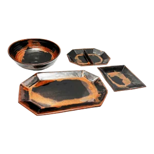 Vintage Custom, Hand Made Ovenproof Painted Clay Serving Pieces - 4 Pieces