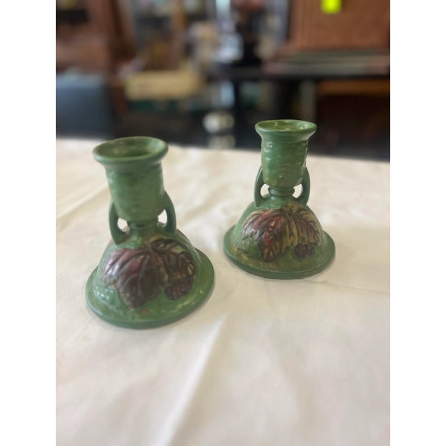 1940s Style Roseville Style Pottery Candlestick Holders - a Pair For Sale - Image 11 of 11