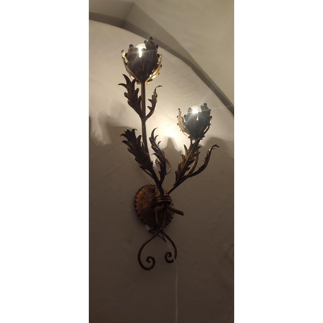 Wrought Iron Gold Leaf Wall Light. France, 1970s For Sale - Image 7 of 18