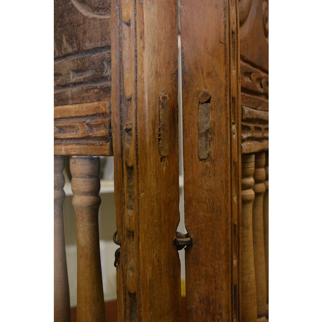 Vintage Carved Heavy Wood & Iron Hinged Tri Fold Screen / Room Divider With Spindles For Sale - Image 14 of 18