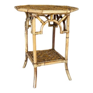 Vintage Coastal Rattan Fretwork Side Table With Woven Shelves For Sale