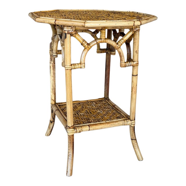 Vintage Coastal Rattan Fretwork Side Table With Woven Shelves For Sale