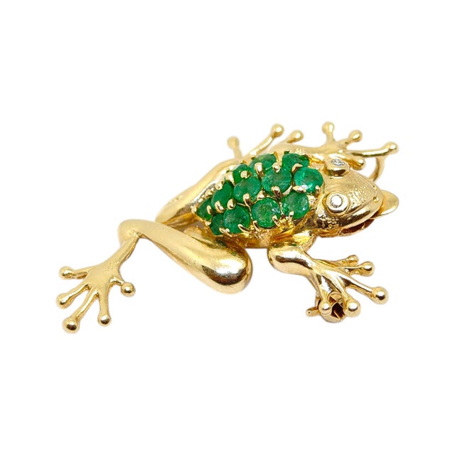 Vintage 14K yellow gold frog pendant brooch with round cut emeralds. Pendant loop and pin attached on the back....
