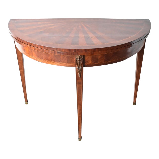 Antique French Louis XVI-Style Marquetry & Ormolu Flip-Top Demilune Card Table For Sale