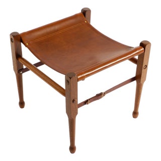 Vintage Safari Stool with Teak Frame and Saddle Leather, 1990s For Sale