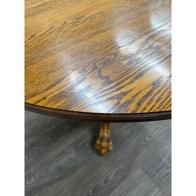 Vintage 48 Inch Round Quarter Sawn Oak Lion Paw Claw Foot Pedestal Dining Table For Sale - Image 12 of 16