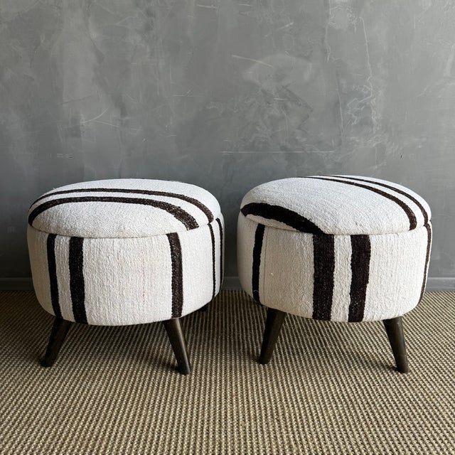 Mid-Century Modern Pair of Off-white & Black Striped Ottomans Made From Vintage Turkish Rugs For Sale - Image 3 of 8