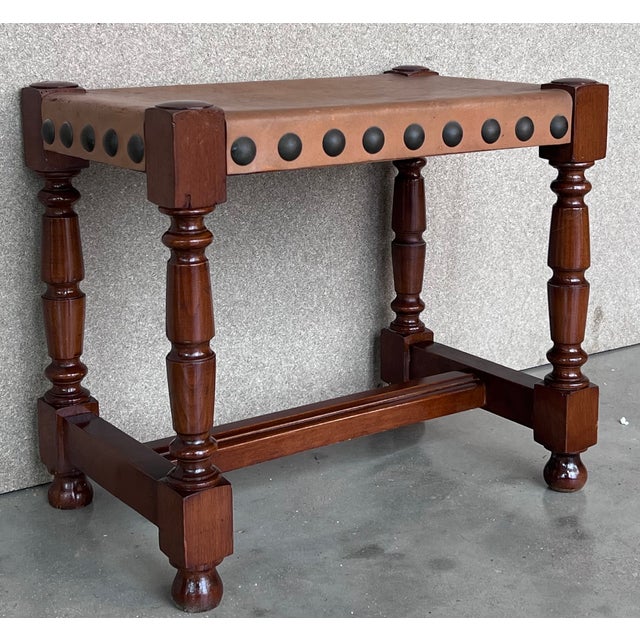 Pair of Foot Stools in Walnut and Leather Seat With Tacks For Sale - Image 4 of 9