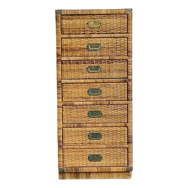 Vintage Boho Woven Rattan Tall Chest For Sale